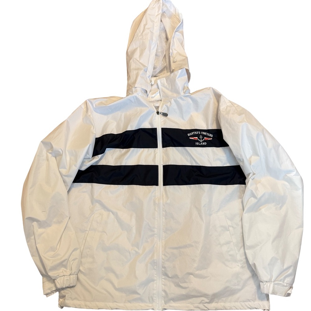White and Navy Hooded Rain Jacket